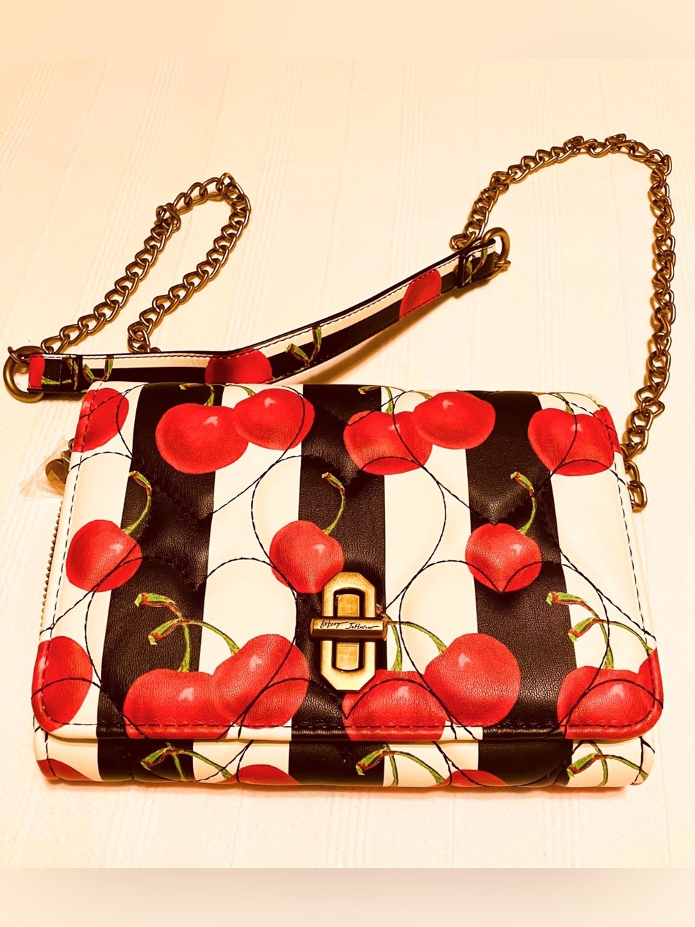 Betsey Johnson Fresh N Fruity Cherry Striped Wallet on a Chain Bag